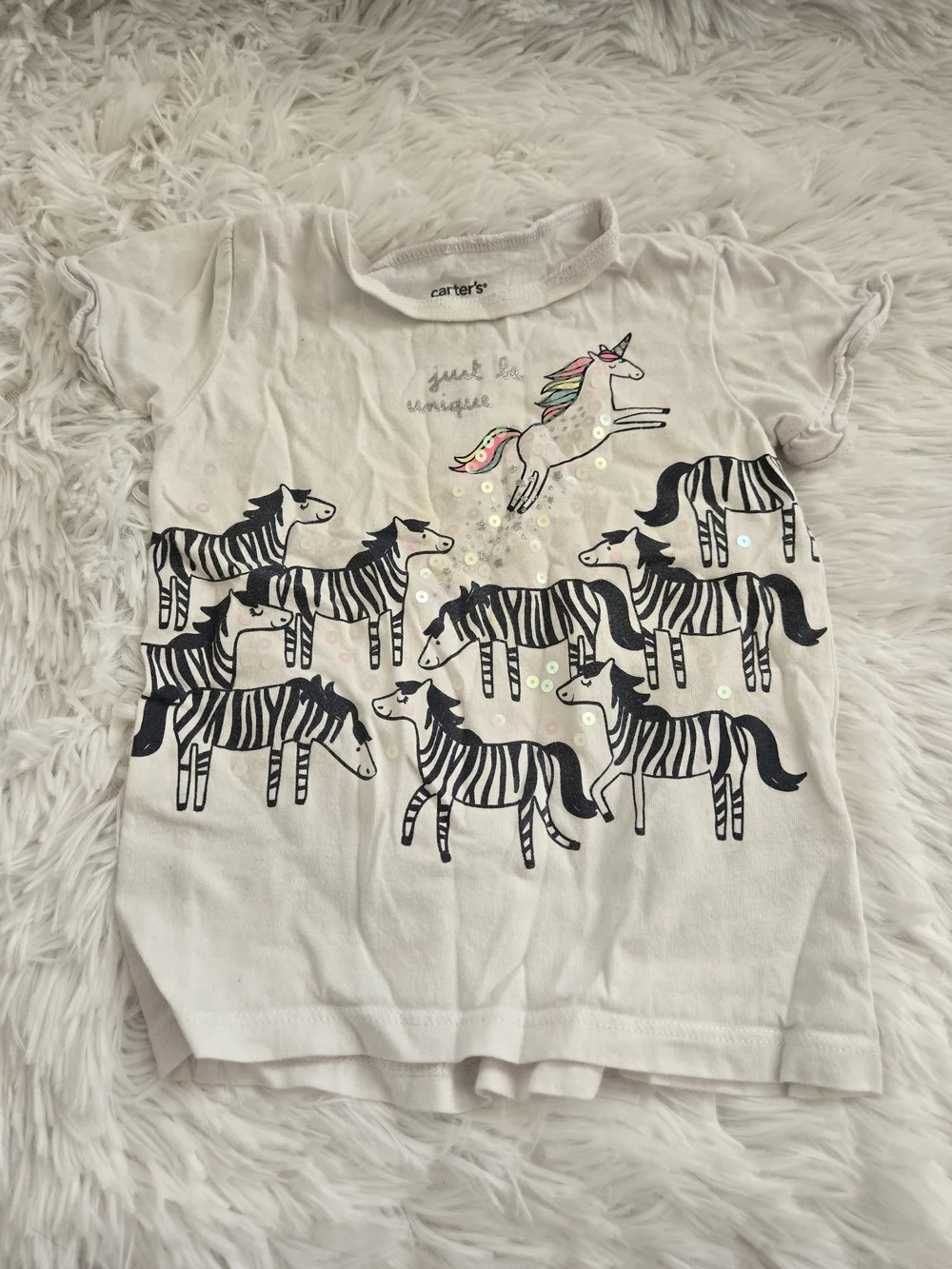 Carter's White Tee with Unicorn and Black Zebra Parade